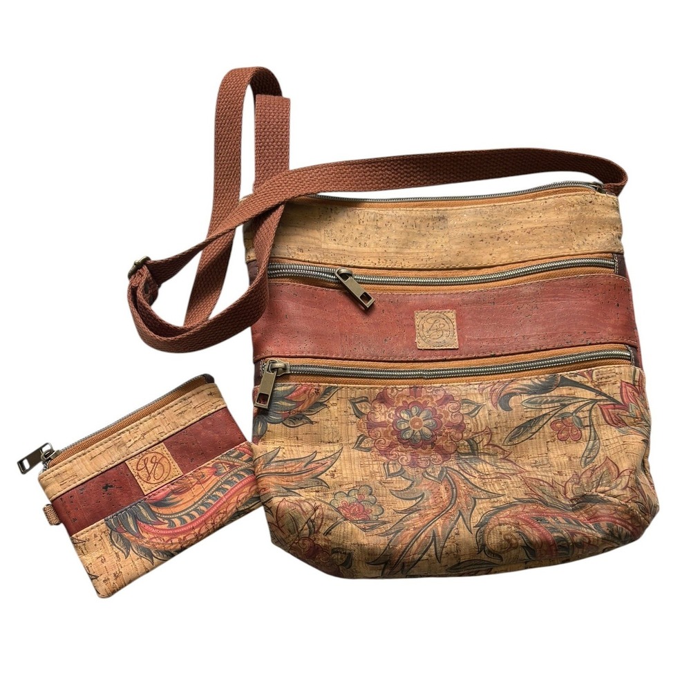 Handcrafted Cork‎ Floral Crossbody Bag Wallet Set Boho Eco Vegan Artisan Travel